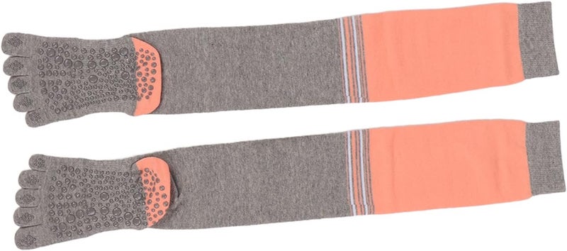 woobles Yoga Long Socks, Yoga High Socks, Fingers Slip Resistant Cotton Sweat Absorption Fitted Wrap Women High Socks (Striped Light Grey) - Image 2